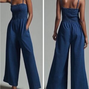 PILCRO x ANTHROPOLOGIE Cotton Denim Smocked Wide Leg Jumpsuit Size Medium